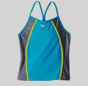 $21 Speedo Girls Blue Heather Color-Block Splice Tankini Top Swimsuit Size 12 - Picture 1 of 1