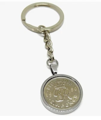 75th Compleanno Regalo 1950 Moneta Sei Penny Portachiavi - Placcato Argento - - Immagine 1 di 3