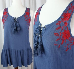 Womens Boho Tank Top Blouse S Floral Embroidered Crinkle Lace Up Tie Shirt Small - Picture 1 of 15