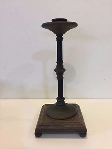Rare Antique Brass Candlestick Holder w/Wooden Base, 10" Tall, 4 1/2" x 4 1/2" - Picture 1 of 6