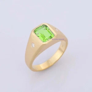 Natural Peridot & CZ Gemstones 925 Sterling Silver Gold Plated Men's Ring #8909 - Picture 1 of 4