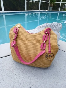 Michael Kors Woven Straw Patent Hobo Saratoga Bag - Picture 1 of 17
