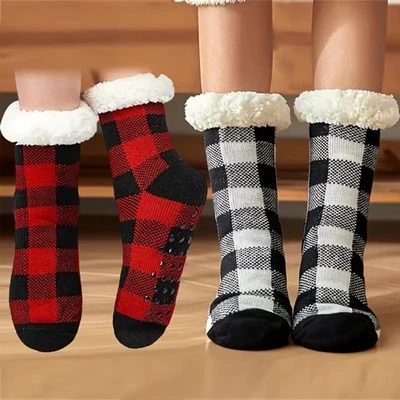 Festive Plaid Slipper Socks Knitted Fluffy Thick Soft Warm Thermal Sherpa Socks - Image 1 of 4