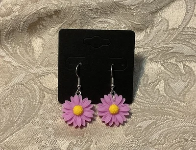 Purple FLOWER EARRINGS Silver Dangle Earrings, Floral Fashion Festival - Image 1 of 2