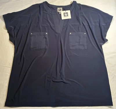 Anne Klein New With Tag Women’s XL Navy Blue Short Sleeve V-Neck Pullover Top - Image 1 of 4