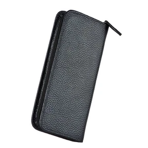 3 Slots Genuine Leather Fountain Pen Case Zippered Pen Holder Pouch, Black - Imagen 1 de 6