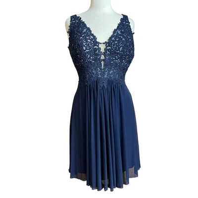 Faviana navy blue bead-embellished short chiffon dress 14 - Image 1 of 4