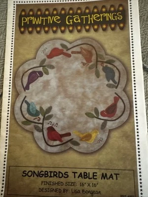 Songbirds Table Mat Felted Wool Fusible Applique Pattern 16" Scalloped Round  - Image 1 of 2