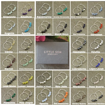 Boho 20mm Hoop Sterling Silver Earrings - Choose Own Gemstone - Gift Box - Image 1 of 2