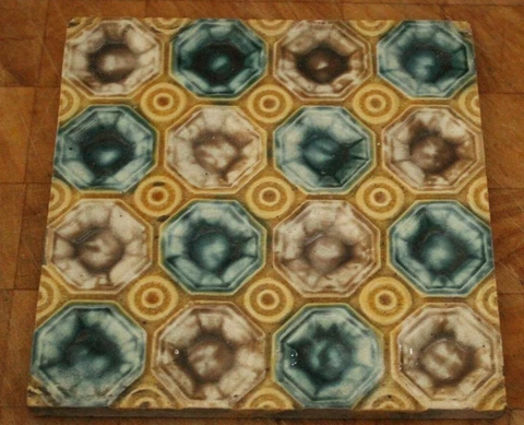 ANTIQUE MAJOLICA english symmetric  TILE indented wells design wonderful colours Cover