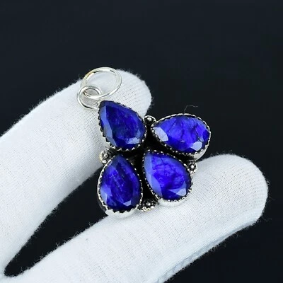 Zaffiro Blu Creato IN Laboratorio Gemma 925 Argento Sterling Boho Ciondolo Donna - Immagine 1 di 4