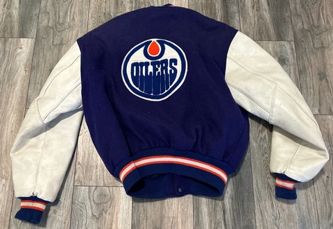 Vintage 90's Delong Edmonton Oilers NHL Varsity Wool Leather Jacket Men’s Large Cover