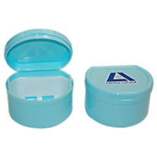 Denture Cup Bath With Drainer & Hinged Lid Light Blue.