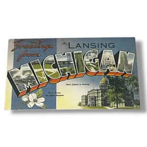 Tarjeta postal de saludos de Lansing Michigan tarjeta de lino A252 - Imagen 1 de 2