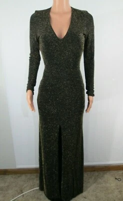 Va Va Voom Black Gold Metallic Sparkly Dress Womens Med V-Neck Sexy USA Made - Image 1 of 4