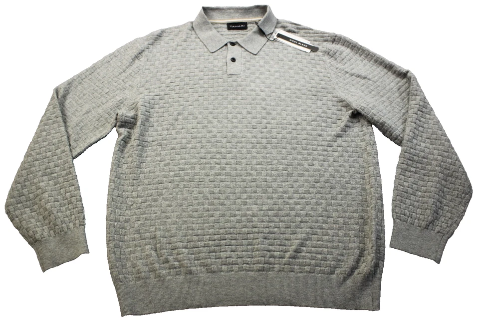 Tahari Mens Gray Soft Wool Blend Checker Knit Button Sweater M