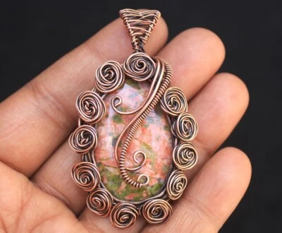 出生礼物 Unakite 碧玉吊坠 铜丝包裹 宝石首饰 N316 — 第 1/4 张图片