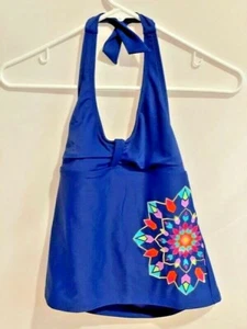 Lands' End Girl's Blue Tankini Swim Top Geometric Flower Halter Size 14 - Picture 1 of 3