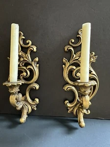 Vintage Pair Syroco Gold Candelabra Wall Sconces 1965 Hollywood Regency - Picture 1 of 24