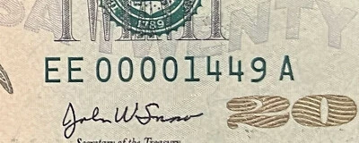 Fancy Serial Number $20 2004 EE00001449A Low Four Digit PMG 67 EPQ SUPERB GEM - Image 1 of 4