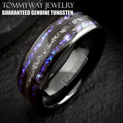 Black Tungsten Carbide Ring Blue Sandstone & Meteorite Space Galaxy Wedding Band - Image 1 of 4