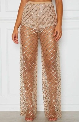 HOT Brand! Beach Wide Pants Lace Mesh Sheer High Waisted Women's Crochet Sequins - Image 1 of 4