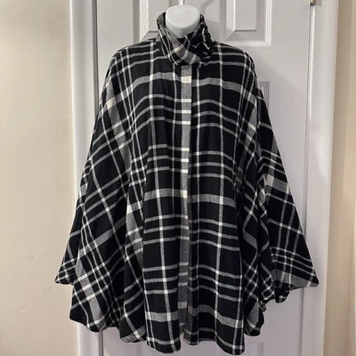 Lauren Ralph Lauren Mujer Talla L/XL Blanco y Negro Cuadros 70% Lana Capa Bolsillos Foto 1 de 4