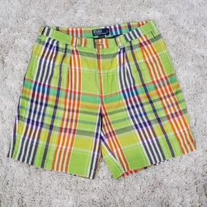 VTG Polo Ralph Lauren Men Sz 38 Pleated Tyler Shorts Orange Green Plaid Cotton - Picture 1 of 3