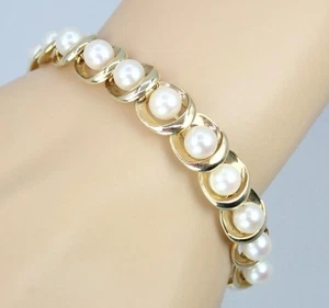 Beautiful Vintage 7'' MIKIMOTO Solid 14K Gold Akoya Pearl Link Bracelet Miki Box - Picture 1 of 24