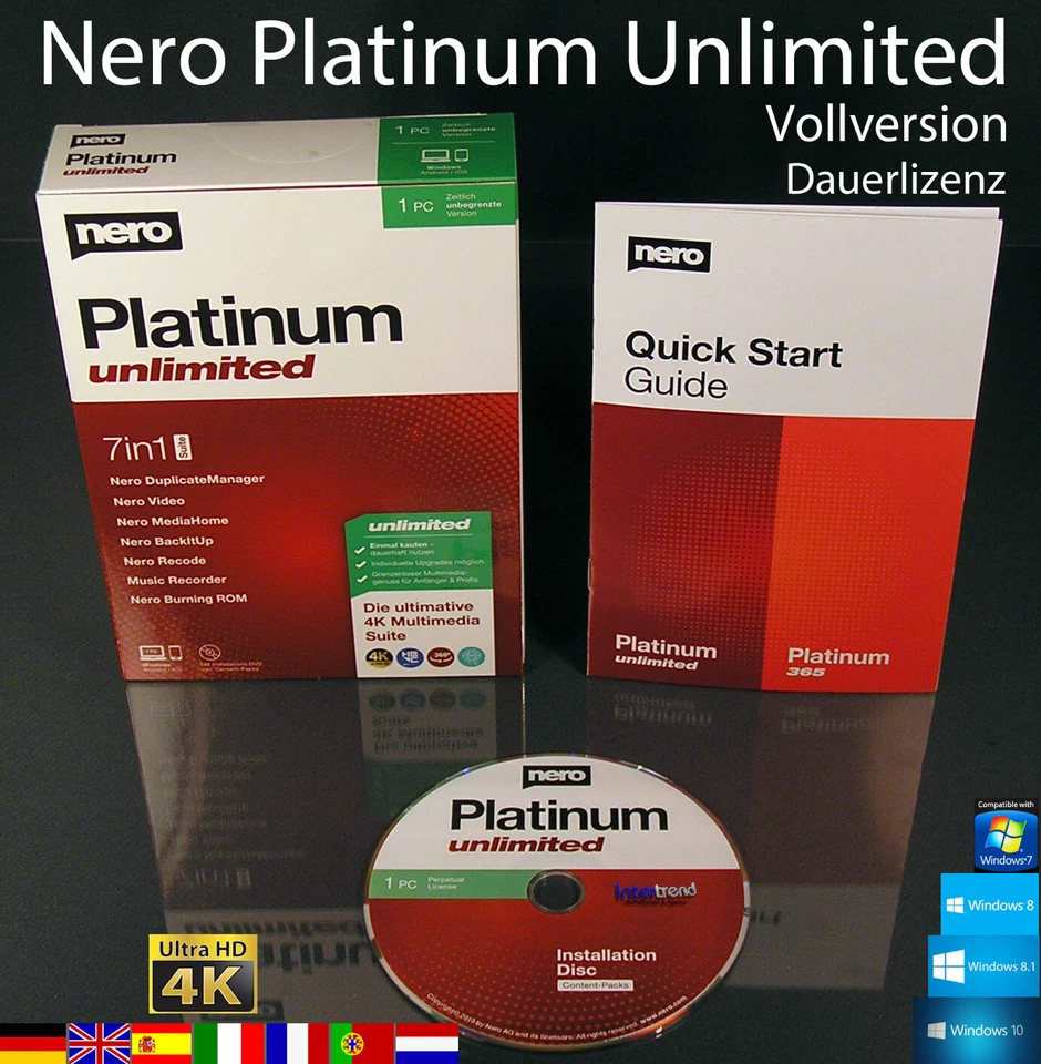 Nero Platinum Unlimited Vollversion Box + CD 7in1 Brennsoftware Dauerlizenz NEU - Bild 1 von 4