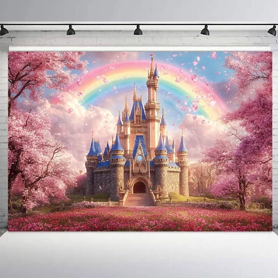 Fondo de vinilo de castillo azul arco iris floral rosa primavera de 10x8 pies Foto 1 de 4