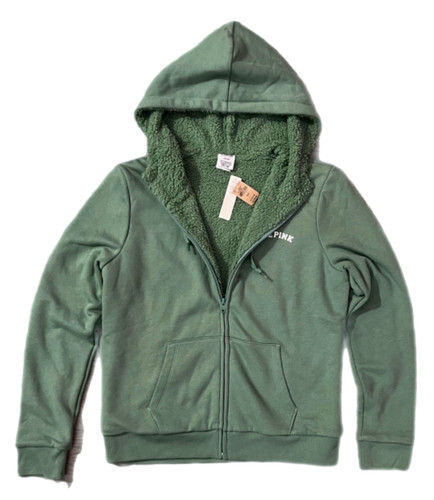 UNDERCOVER Felpa con cappuccio e zip Victorias Secret ROSA foderata sherpa verde medio nuova