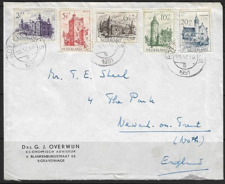 NETHERLANDS/HOLLAND - FIRST DAY OF ISSUE - 1951 "CASTLES" - USED ON COVER - Image 1 of 1