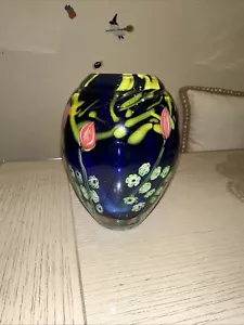 Arthur Kusak Studio Hand Blown Glass Vase Cobalt Millifiori Floral Encased 5” - Picture 1 of 12