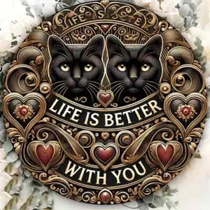 Adorable Black Cats Sign - 8" Round Metal Sign - NEW - Indoor or Outdoor Use - Picture 1 of 5