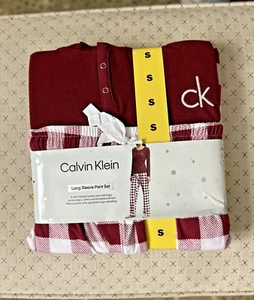 Calvin Klein Lounge Set SZ Small Maroon 2 Pc Long Sleeve Shirt, Plaid Pants - Picture 1 of 3