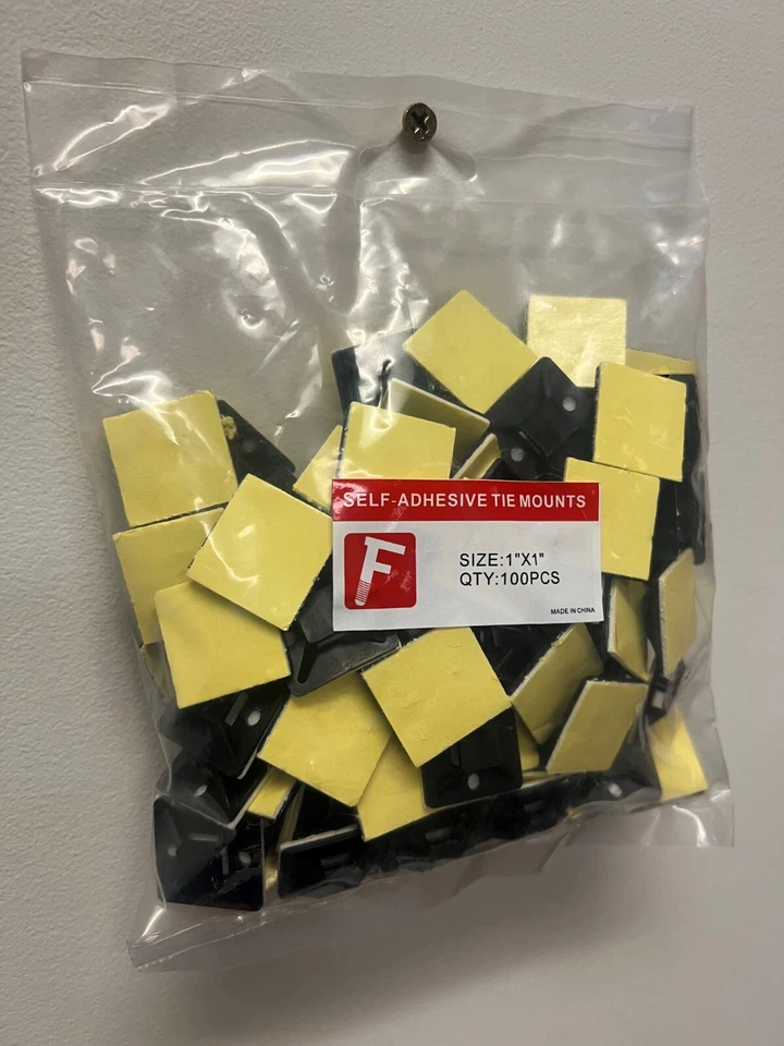 (100) PANDUIT Style Black Cable Tie Mounting Pads, 4-Way, Adhesive Back 1" x 1"