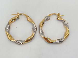 9ct Gold Hallmarked 2 x Colour Gold Twist Hoop Earrings. Goldmine Jewellers.