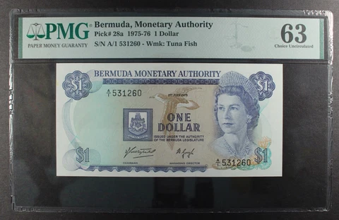 Bermuda 1 Dollar, 1975 ... P-28a ... PMG 63 CHOICE UNC Cover