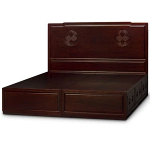 US SELLER Dark Cherry Elmwood King Size Longevity Platform Bed with 6 Drawers - Picture 1 of 5