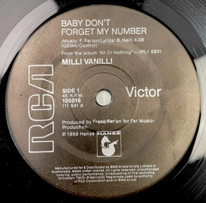 Milli Vanilli Baby Don’t Forget My Number Vinyl Record 7” 45 RPM 105016 RCA 1988 - Picture 1 of 12