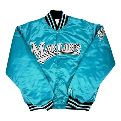 Chaqueta de bombardero de satén verde azulado de los Florida Marlins MLB rara de colección grande para hombre  Foto 1 de 4