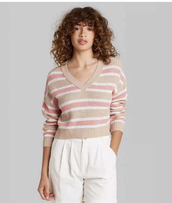 Wild Fable Womens Sweater Size L Tan Stripe Long Sleeve V-neck Cotton Cropped