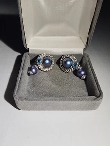 Judith Ripka Sterling .925 Blue Mabe Topaz Clip Earrings - Picture 1 of 3