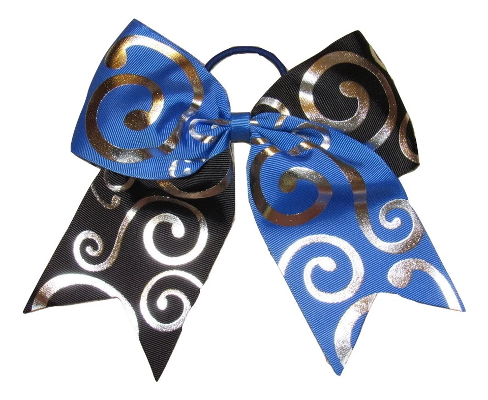 NUEVO "Silver Swirl AZUL Y NEGRO" Cheer Bow Cinta Cola de Caballo Lazo para el Pelo Animadoras Foto 1 de 1