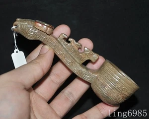 5"old China Ancient hetian jade Carved fengshui beast dipper ladle spoon Statue - Picture 1 of 9