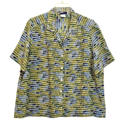 Blusa Donnkenny Botón Arrugado 2X LEER De Colección Corta Slv Verde Azul Geo Cuello Foto 1 de 4