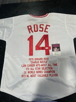 CINCINNATI REDS PETE ROSE AUTOGRAPHED SIGNED CUSTOM STAT JERSEY JSA COA Xl - Image 1 of 4