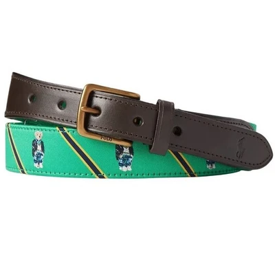 Cinturón de cuero Polo Ralph Lauren para hombre estampado de oso verde a rayas talla 34 nuevo con etiquetas Foto 1 de 4