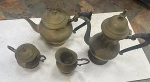 Vintage Brass 4 Set Coffee Tea Service Creamer & Sugar Bowl - Picture 1 of 8